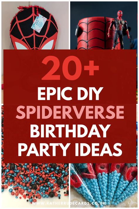 DIY creative Spiderverse Spiderman birthday party ideas Spiderman Party Games, Miles Morales Birthday Party Decorations, Miles Morales Party Ideas, Spiderman Party Food, Spiderverse Birthday Party, Miles Morales Cake, Miles Morales Birthday Party, Spiderverse Party, Spiderverse Birthday