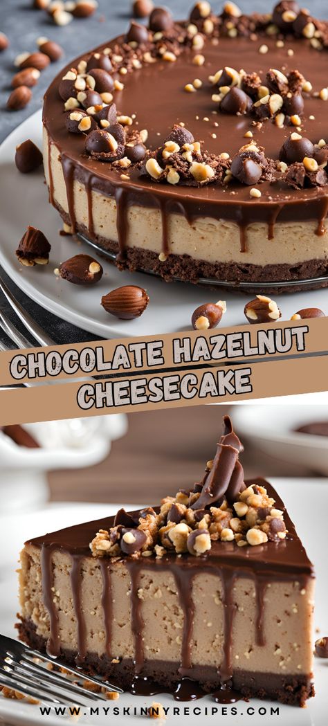 Chocolate Hazelnut Cheesecake 🍫🌰: Indulge in creamy cheesecake with a rich chocolate hazelnut twist! A graham cracker and hazelnut crust perfectly complements the luscious filling made with cream cheese, eggs, sour cream, and Nutella. Topped with a decadent chocolate ganache and optional hazelnut garnish, this dessert is a showstopper! #CheesecakeHeaven #ChocolateLovers #DessertDelights#myskinnyrecipes Hazelnut Cheesecake Nutella, Hazelnut Cheesecake Recipes, Chocolate Espresso Cheesecake, Hazelnut Chocolate Cake, Fancy Cheesecakes, Sour Desserts, Dessert Slice, Chocolate Hazelnut Cheesecake, Hazelnut Pie