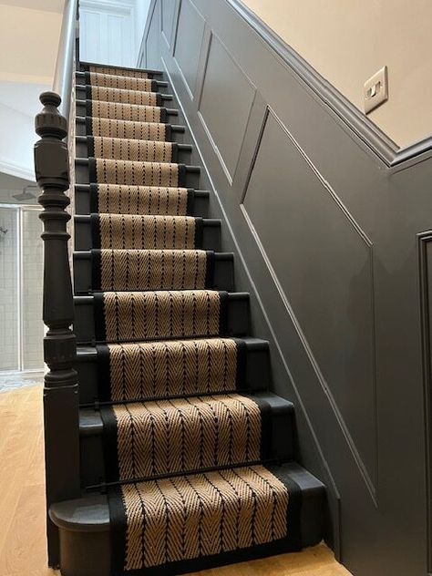 Dark Painted Stairs With Runner, Stair Runner Black Stairs, Victorian Stair Runner, Patterned Stair Runner, Herringbone Stairs, Stairs Runner Carpet, Runner Carpet Stairs, Painted Stairs With Runner, Herringbone Carpet Stairs