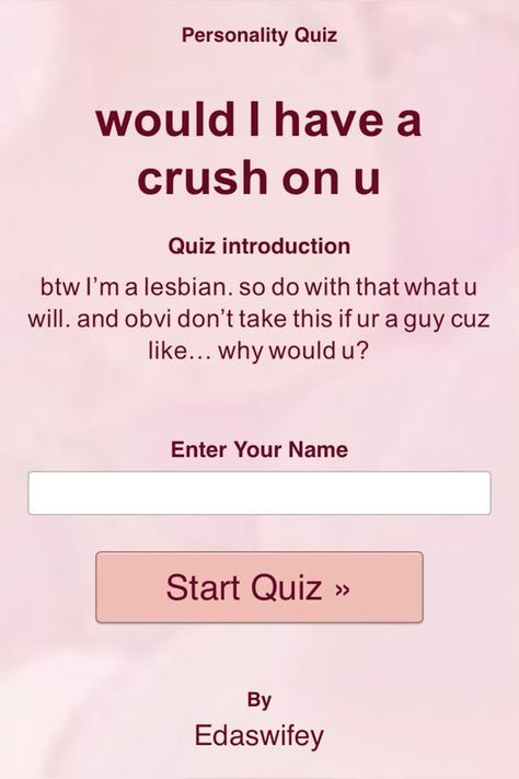 https://uquiz.com/WBNXfS #quiz #lesbian #crush #lgbtq #personality #personalityquiz #pink What Does Sapphic Mean, Gf Application Wlw, Do I Have A Crush Quiz, Does Your Crush Like You Quiz, How To Make Ur Crush Like U Back, Does My Crush Like Me Quiz, Lgbtq Quiz, Would I Date You Quiz, Things To Send To Crush