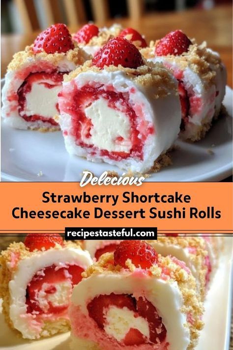 These Strawberry Shortcake Cheesecake Dessert Sushi Rolls are a creative twist on traditional desserts, combining vanilla sandwich cookies with a creamy cheesecake filling, fresh strawberries, and strawberry preserves. Topped with a drizzle of melted white chocolate, these rolls offer a unique and delightful treat that is both visually appealing and delicious. Recipe For Strawberry Shortcake, Sweet Sushi, Strawberry Shortcake Cheesecake, Traditional Desserts, Dessert Sushi, Melted White Chocolate, Cheesecake Dessert, Strawberry Shortcake Recipes, Shortcake Recipe