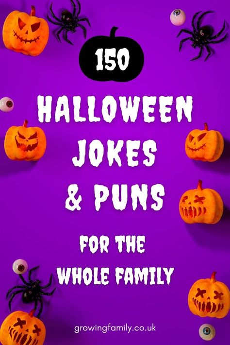 Get everyone cackling with this list of 150 family-friendly Halloween jokes for kids and Halloween puns - perfect for some spooky family fun! #growingfamily Corny Halloween Jokes, Halloween Jokes For Kids Hilarious, Halloween Dad Jokes, Gf Biscotti, Halloween Jokes For Adults, Halloween Jokes Hilarious, Trombone Jokes, Halloween Puns Funny, Best Halloween Jokes