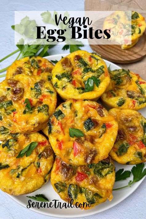 A plate with vegan egg muffins and herbs. Vegan Egg Cups, Vegan Tofu Egg Bites, Vegan Egg Muffins, Vegan Egg Bites Muffin Tins, Tofu Egg Bites, Vegan Egg Bites, Frittata Bites, Vegan Breakfast Muffins, Sausage Breakfast Muffins