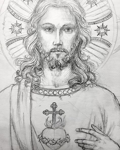 Jesus Drawings Sketches, Sacred Heart Painting, Emblems Design, Jesus Sketch, Comic Book Wallpaper, Jesus Art Drawing, La Pieta, Christian Drawings, Good Foundation