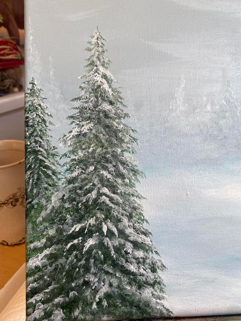 Snowy Pine Trees Painting, Tree With Snow Painting, Snowmen Paintings On Canvas, Winter Trees Painting, Pine Tree Painting, Canvas Art Projects, Painting Snow, Snowy Trees, Christmas Tree Painting