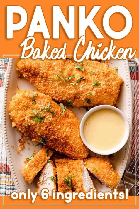 You only need 7 basic ingredients and about 35 minutes to make golden brown and crunchy panko baked chicken. Chicken breasts are coated in a flavorful mayo and mustard dip, then rolled in seasoned panko breadcrumbs. These panko crusted chicken breasts will be your family's new favorite dinner recipe! Panko Chicken And Pasta, Panko Oven Fried Chicken, Panko Chicken No Egg, Italian Panko Crusted Chicken, Baked Chicken Nuggets Panko, Baked Chicken Roll Ups, Oven Baked Chicken Tenders Panko, Chicken With Breadcrumbs Recipes, Chicken Panko Recipes Baked