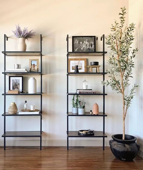 Vittsjo Entryway, Cube Shelves Decor, Olive Tree Living Room, Styling Shelf, Shelves Around Tv, Leaning Bookshelf, Tree Living Room, Ikea Vittsjo, Austin Apartment