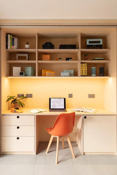 Don't have a sprawling home with ample space for a home office? Consider a closet office, that does not take up extra square footage yet works perfectly as a calm, functional area. (Image credit: Adam Scott Images. Studio credit Woodrow Vizor) Scandinavian Interior Design Bedroom, Home Office Paint Ideas, Timber Frame Extension, Office Cupboard, Home Office Area, Plywood Shelves, Joinery Design, Multipurpose Room, Home Offices