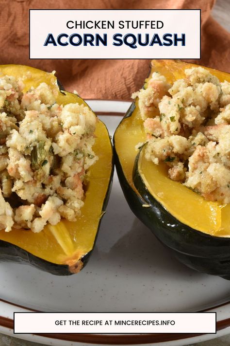 This stuffed acorn squash with chicken is a wonderfully creative meal for fall and winter. You can make this meatless or add in ground chicken if you choose. The recipe below calls for chicken, but if you feel like a veggie-only night, feel free to skip the chicken. Chicken Stuffed Acorn Squash, Fall Meal Plan, Sausage Stuffed Acorn Squash, Gluten Free Fall Recipes, Stuffed Squash, Stuffed Acorn Squash, Easy Delicious Dinners, Minced Meat Recipe, Acorn Squash Recipes