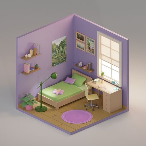 Cute pastel room 3D Cute Pastel Room, Blender Isometric, Blender Room, Blender Inspiration, Blender Ideas, Isometric Room, Lowpoly 3d, Designer Room, Minimalist Bedroom Small