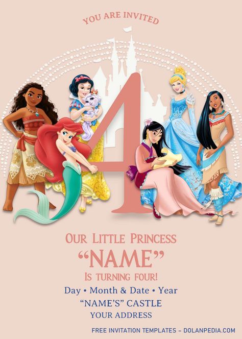 Free  Disney Princess Birthday Invitation Templates - Editable With MS Word Princess Birthday Invitations Templates, Disney Princess Invitations Template, Disney Princess Invitations, Princess Party Invitations, Dance Party Invitations, Princess Invitation, Free Printable Invitations Templates, Princess Theme Birthday, Prince Party