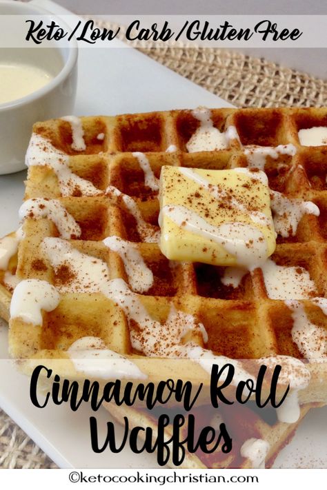 Cinnamon Roll Waffles with Cream Cheese Icing - Keto, Low Carb & Gluten Free Homemade cinnamon roll flavored Belgian waffles topped with a sweet cream cheese icing! #ketorecipes #keto #lowcarb #ketodiet #ketogenicdiet #lowcarbdiet #ketogenic #lowcarbhighfat #lowcarbrecipes #lchf #glutenfree #ketoweightloss #ketocookingchristian Waffles With Cream Cheese, Homemade Cinnamon Roll, Low Carb Waffles, Cinnamon Roll Waffles, Waffle Iron Recipes, Desayuno Keto, Waffle Maker Recipes, Waffle Toppings, Low Carb Sweets