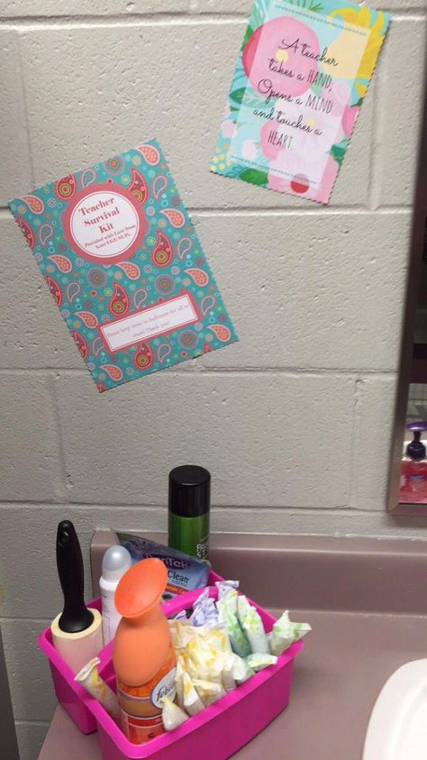 Spice up a boring faculty bathroom with a "Teacher Survival Kit" (flossers, spray deodorant, lint roller, air freshener, hair spray, etc) Teacher Restroom Decor, Relaxing Teacher Lounge Ideas, Teachers Bathroom Ideas, Work Restroom Ideas, Staff Restroom Ideas, School Staff Bathroom Ideas, Staff Bathroom Decor, Breakroom Organization Ideas, Staff Bathroom Ideas Teacher