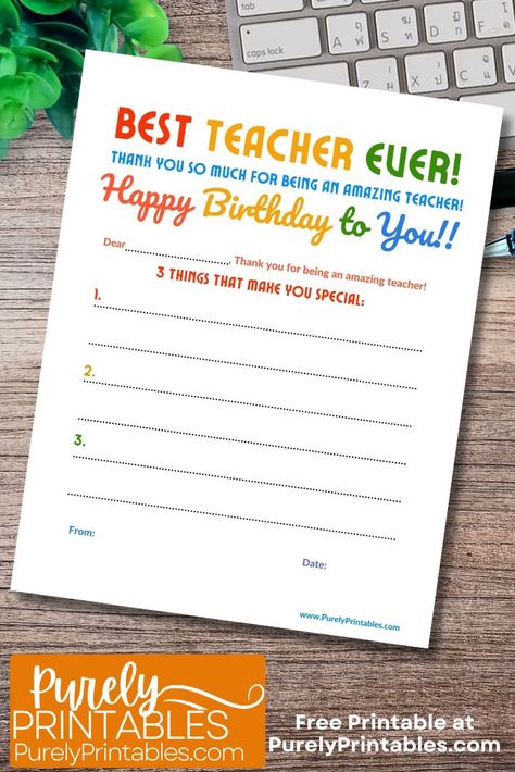 Free Happy Birthday Teacher Printable Page Happy Birthday Teacher, Birthday Book, Free Teacher, Happy Birthday To My, Teacher Printable, My Teacher, Favorite Teacher, Teacher Appreciation, Free Printables