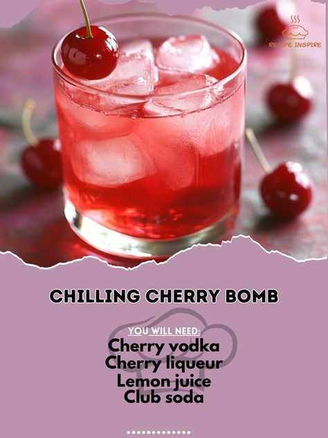 🍒💥 Unleash a burst of flavor with the Chilling Cherry Bomb—a thrilling cocktail that’s as explosive as it is delicious! 🍹🔥 #ChillingCherryBomb #ExplosiveFlavors Chilling Cherry Bomb Ingredients: Cherry vodka (1.5 oz) Cherry liqueur (1/2 oz) Lemon juice (1/2 oz) Club soda (2 oz) Ice (as needed) Maraschino cherry (for garnish) Instructions: Fill a shaker with ice. Add cherry vodka, cherry liqueur, and lemon juice. Shake well and strain into a glass with ice. Top with club soda and garnish w... Cherry Bomb Drink, Flavored Vodka Drinks, Wine Tips, Cherry Vodka, Cherry Liqueur, Yummy Alcoholic Drinks, Flavored Vodka, Alcohol Drinks, Club Soda