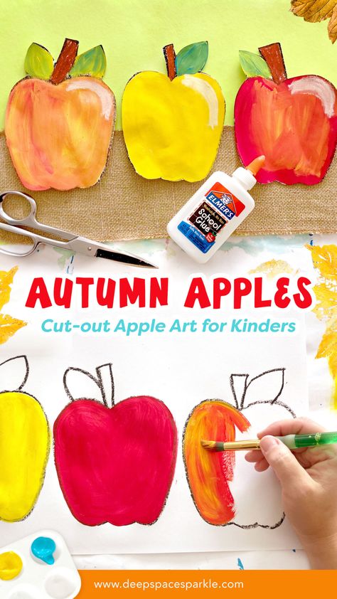 Autum Apples Art Project for Kinders for the fall season with free Back to School guide download Apple Art Lessons Elementary, Apple Art Elementary, Fall Painting For Kindergarten, 1st Grade September Art Projects, Elementary Apple Art Projects, Fall Art Project For Kindergarten, Homeschool Art Projects Kindergarten, Kindergarten September Art, Fall Apple Crafts For Kids