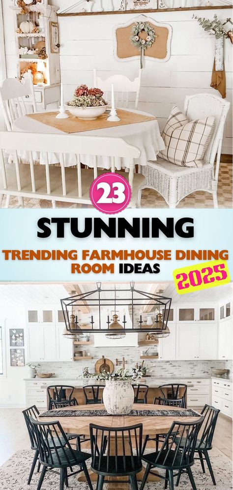 Create a cozy farmhouse dining room with trending ideas featuring rustic wooden tables, elegant lighting, and inviting decor for a welcoming and functional space. Modern Farmhouse Dining Room Tables, Farmhouse Table With Modern Chairs, Farmhouse Kitchen Dining Room Combo, Modern Farmhouse Dining Room Ideas, Farmhouse Dinner Table, Farmhouse Dining Room Table Decor, Farmhouse Dining Table Decor, Modern Farmhouse Dining Table, Farmhouse Dining Room Ideas