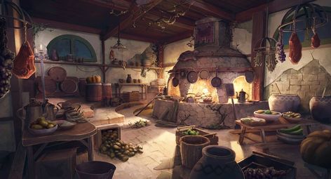 ArtStation - Pol's Kitchen - Belgariad, Paulo Loveranes Galamgam Fantasy Kitchen, Hansel Y Gretel, Kitchen Drawing, Fantasy Rooms, Fantasy City, Fantasy House, Fantasy Castle, Fantasy Setting, Fantasy Places