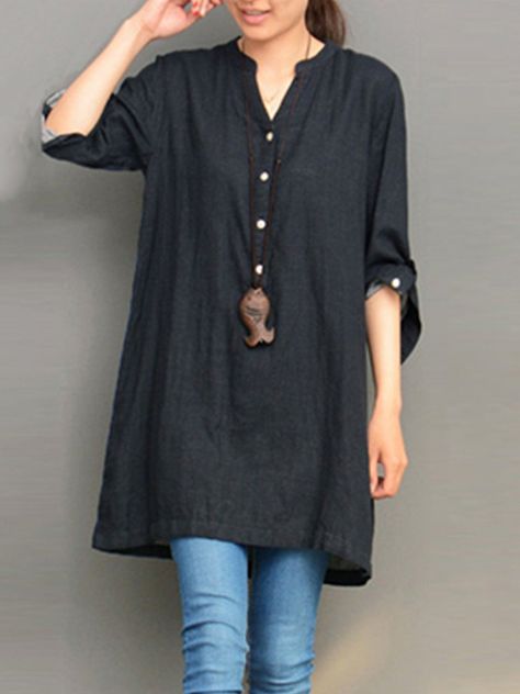 ZANZEA Casaul Loose V-neck Buttons Long Sleeve Women Blouses Tunik Linen, Linen Tunic Shirt, Design Kurta, Maxi Tops, Long Sleeve Denim Shirt, Designer Kurtis, Linen Tunic, Stylish Dress Designs, Plus Size Kleidung