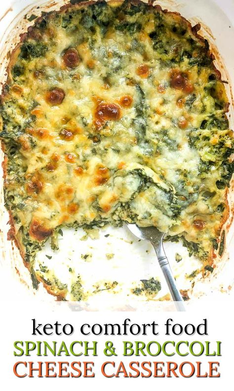 This keto spinach & broccoli cheese casserole is healthy comfort food and makes a tasty low carb side dish. It's a creamy and cheesy vegetable casserole that goes great with meaty main dishes and has only 2.6g net carbs! Chicken Spinach Broccoli Recipes, Spinach Ricotta Casserole, Cheesy Vegetable Casserole, Spinach Dishes, Broccoli Cheese Casserole Easy, Stove Recipes, Keto Karma, Spinach Side Dish, Keto Favorites