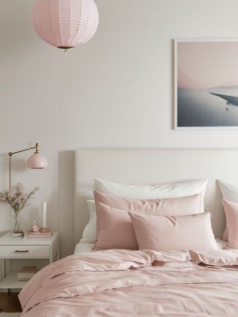 Minimalist Pink Bedroom, Light Pink Bedding, Pink Bedroom Accessories, Girls Pink Bedding, Girls Bedroom Lighting, Pink And Grey Room, Pastel Bedroom, Neutral Bedroom Decor, Pink Bedrooms