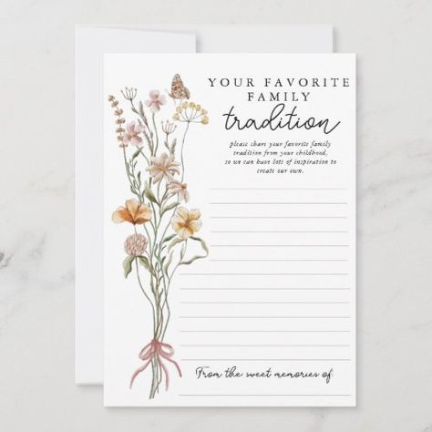 $2.98 | Wildflower Baby Shower Family Traditions Card - baby shower game, wildflower baby shower theme, nature, floral, spring, baby girl, summer, outdoor botanical, baby in bloom, boho Vintage Flower Baby Shower Ideas, Family Traditions Baby Shower Game, Wildflower Baby Shower Games, A Little Wildflower Baby Shower Theme, Baby Shower Ideas Wildflower, Wildflowers Baby Shower Theme, Wild Flower Baby Shower Ideas Decoration, Wildflower Baby Shower Theme Decor, Baby In Bloom Games