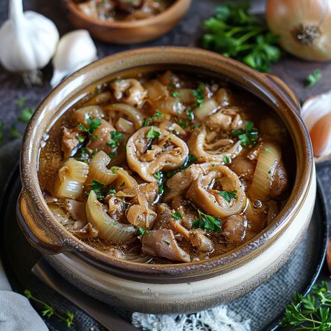 French-Style Tripe and Onion Stew Recipe (Serves 4) Ingredients For the Stew: 2 pounds (900g) beef tripe, cleaned and cut into strips 2 tablespoons olive oil 2 large onions, thinly sliced 4 cloves garlic, minced 1 cup white wine 4 cups beef broth 2 bay leaves 1 teaspoon dried thyme 1 teaspoon dried rosemary 1 teaspoon black pepper Salt to taste Fresh parsley, chopped (for garnish) Instructions Prepare the Tripe: Rinse the tripe under cold water and cut it into strips. Place the tripe in a ... Beef Tripe Stew, Tripe Stew, Tripe Recipes, Beef Tripe, The Stew, Dried Rosemary, Dried Thyme, Pepper Salt, How To Dry Rosemary