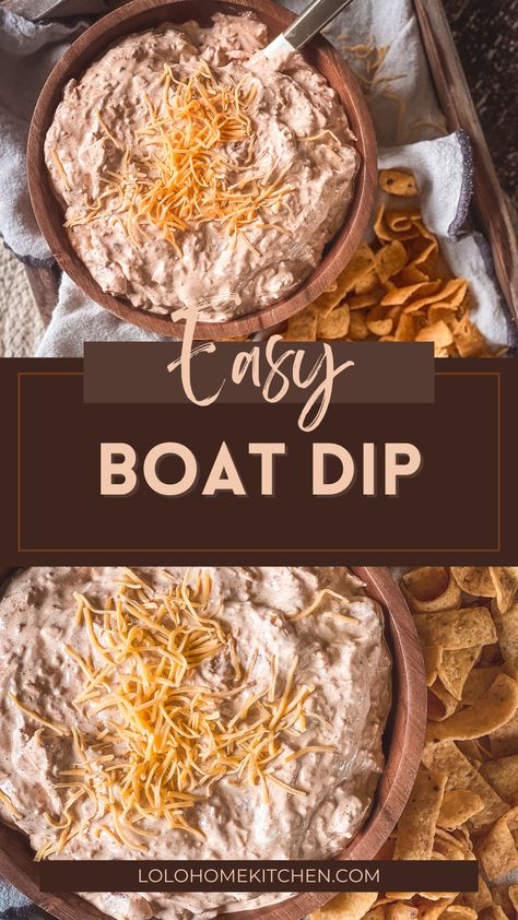 All you need are 4 ingredients to make this Boat Dip. It's quick to whip up in a pinch, or you can prepare it a day or two in advance for serving. Boat Dip Recipe, Boat Dip, Chicken Enchilada Dip, Gluten Free Recipes Appetizers, Cold Dip Recipes, Dip Recipes Hot, Taco Dip Recipe, Party Dip Recipes, Easy Snacks For Kids