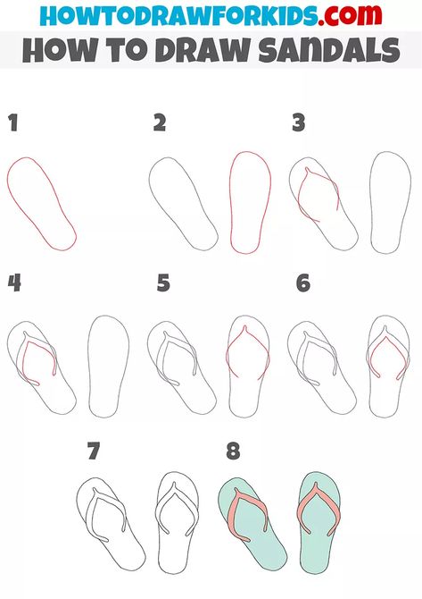 How to Draw Sandals - Easy Drawing Tutorial For Kids How To Draw Sandals, Draw Figures, Summer Coloring Sheets, Draw Clothes, Drawing Steps, Rose Gold Wedding Cakes, Draw Fashion, Summer Coloring, Rooster Kitchen