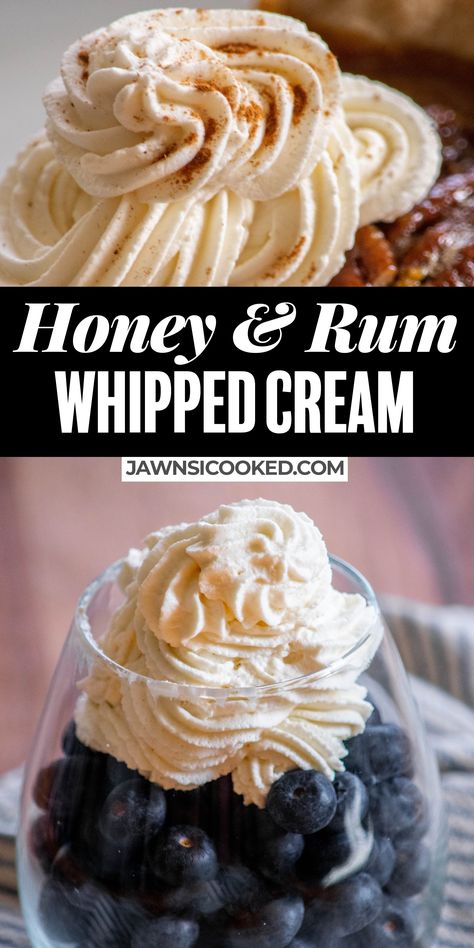 Take your pies, cobblers and sundaes to the next level with my easy Alcohol Infused Honey & Rum Whipped Cream! So much better than store bought, and ready to go in a matter of minutes! Alcoholic Whipped Cream, Rum Desserts, Drunken Desserts, Boozy Baking, Infused Honey, Alcoholic Desserts, Rum Cream, Recipes With Whipping Cream, Fruit Crumble