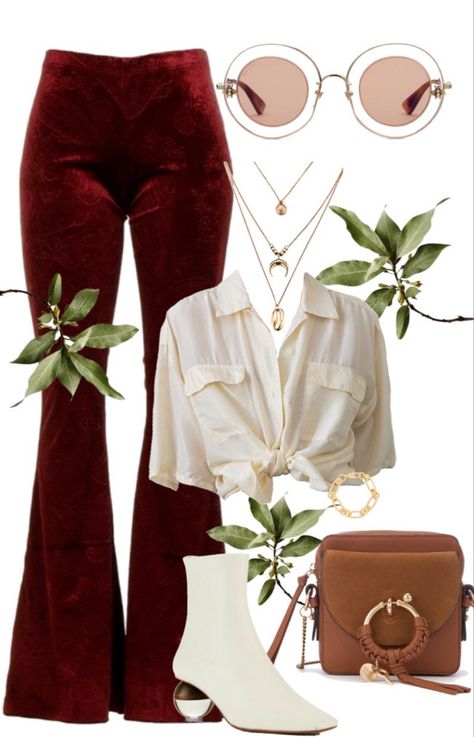 Outfit example with maroon bell bottom pants and a button down tan shirt tied at the waist. Gold jewelry and a brown crossbody bag. White ankle boots with sphere heels. Circle sunglasses. Trendy Fall Outfits, Trendy Fall, Fall Outfits, Autumn Outfits