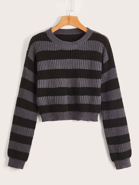 Multicolor Casual Collar Long Sleeve Worsted Striped Pullovers Embellished Medium Stretch  Women Clothing Street Preppy, Stripe Knit Sweater, Ripped Sweater, Removable Sleeves, Cutout Design, Grey Knit Sweater, Drop Shoulder Sweaters, Long Sleeve Knit Tops, Striped Knit