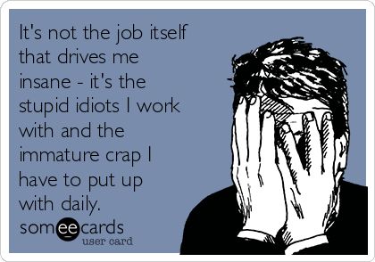 It's not the job itself that drives me insane - it's the stupid idiots I work with and the immature crap I have to put up with daily. Hate Work, Job Humor, Workplace Humor, Funny Work, Work Jokes, Palm Sunday, Office Humor, Comic Relief, Work Memes