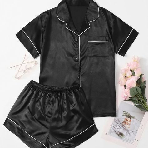 Never Opened Or Worn Black And White Pj Set From Shein. Here’s The Link- Https://M.Shein.Com/Us/Contrast-Binding-Button-Front-Satin-Pj-Set-P-1203937-Cat-1880.Html Night Luxury, Satin Pyjamas, Silk Pjs, Bridal Pajamas, Silk Pyjamas, Pyjama Party, Satin Pj Set, Lapel Top, Black Pajamas