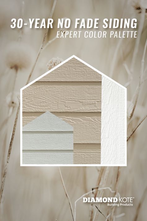 Choose a paint for your home’s exterior with confidence. Diamond Kote’s expertly designed color combinations are designed to help you create the home of your dreams. This siding color palette is the ideal choice for homeowners who love beige colored exteriors. Featuring Diamond Kote’s Oyster Shell, Light Gray & White, all siding products are built on LP SmartSide & backed by a 30-Year No Fade Warranty. Visit our website for more on Diamond Kote’s low maintenance siding. #siding #housecolor Beige Siding, Diamond Kote Siding, Lp Siding, Lp Smartside, Siding Styles, Balanced Beige, Siding Trim, White Siding, Trim Ideas