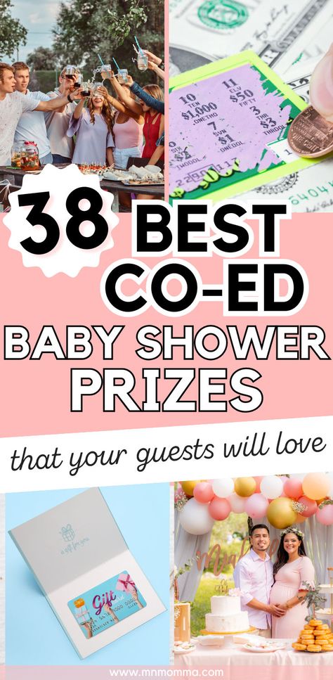 38 best co-ed baby shower prizes with image of friends toasting, lottery ticket, gift card, and couple standing by a cake at baby shower Coed Baby Shower Prizes, Shower Prizes For Games, Baby Shower Prizes For Games, Prizes For Games, Co-ed Baby Shower Games, Baby Shower Game Gifts, Baby Shower Game Prizes, Baby Shower Favours For Guests, Baby Shower Party Gifts