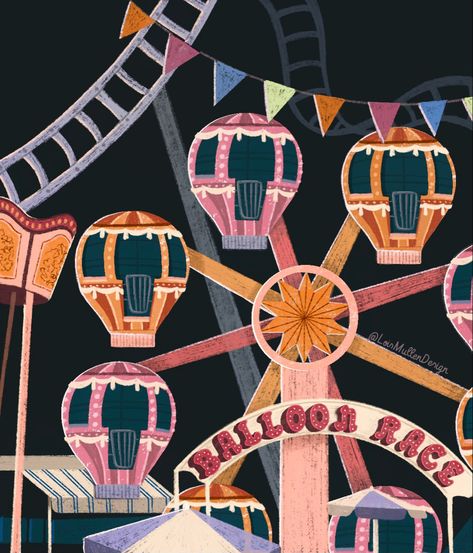 Illustration of balloon ferris wheel at a Carnival Amusement Park Graphic Design, Carnival Design Ideas, Funfair Illustration, Fair Doodles, Carnival Graphic Design, Theme Park Illustration, Ferris Wheel Illustration, Amusement Park Illustration, Carnival Drawing