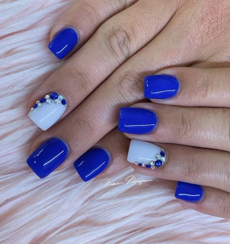 Royal Blue Wedding Nails, Royal Blue And White Nails, Blue Wedding Nails, Blue And White Nails, Royal Blue Nails, Nails For Bride, Acrylic Nail Set, Hair Photography, Swarovski Nails