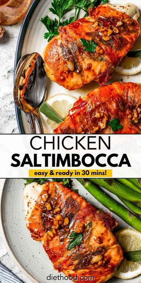 Chicken Saltimbocca is an Italian classic that's super quick and easy to make! This recipe features juicy pan-fried chicken topped with savory prosciutto, all smothered in a garlicky, buttery wine sauce. It's perfect for a cozy dinner at home! #chicken #saltimbocca #italiancooking Italian Chicken Dinner Recipes, Chicken Saltimbocca Recipe, Diethood Recipes, Saltimbocca Recipe, Home Chicken, Chicken Cutlet Recipes, Chicken Saltimbocca, Simple Family Meals, Italian Chicken Recipes