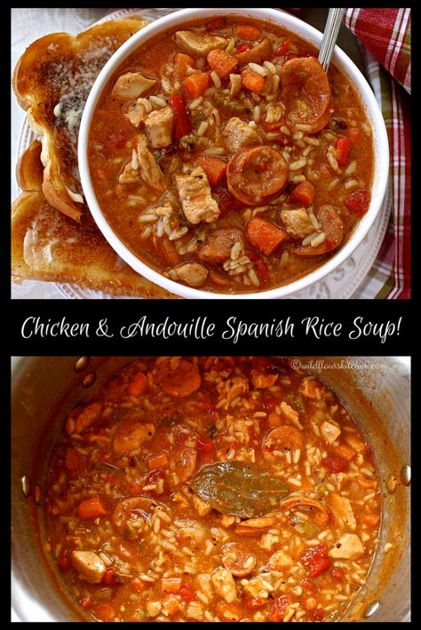 Chicken & Andouille Spanish Rice Soup - Wildflour's Cottage Kitchen Spicy Stew, Smoked Sausage Recipes, Easy Chicken Dinner Recipes, Spanish Rice, Diced Chicken, Andouille Sausage, Andouille, Rice Soup, Hearty Soups