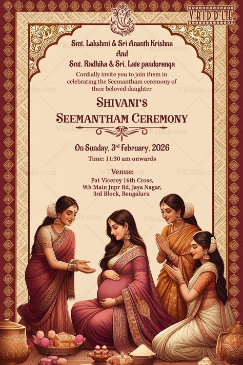 Seemantham Ceremony Invitation Card with Traditional Elements and Family Illustration – SeeMyMarriage Arangetram Invitations Cards, Baby Shower Card Design, Seemantham Invitation Card Template, Bangle Ceremony Invitation Card, Seemantham Invitation Card, Seemantha Decoration, Garbha Sanskar, Indian Baby Shower Invitations, Illustrations Of Women