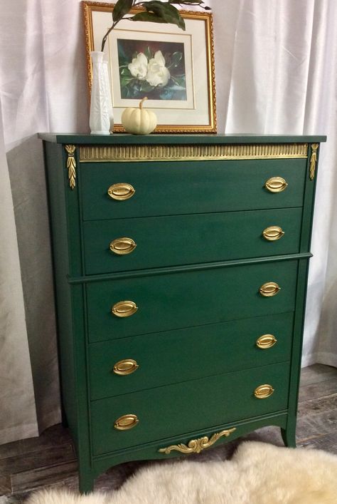 Emerald Green Dresser Emerald Green Closet, Emerald Green Painted Furniture, Green Dresser Bedroom, Hunter Green Dresser Diy, Emerald Green Dresser With Gold Hardware, Emerald Green Furniture, Green Dresser Gold Hardware, Emerald Green Dressers Painted, Emerald Green Dresser