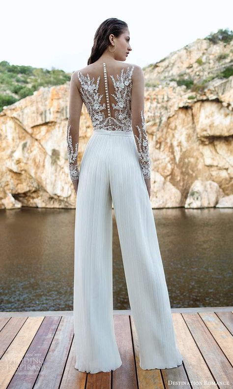 Weddinginspirasi.com featuring - destination romance 2020 bridal illusion long sleeves sweetheart neckline embellished bodice jumpsuit pants wedding dress (10) bv -- Destination Romance 2020 Wedding Dresses #wedding #weddings #bridal #weddingdress #weddingdresses #bride #fashion #collection:ForgetMeNot #label:Demetrios #label:DestinationRomance #week:372020 #year:2020 ~ Wedding Romper, Jumpsuit Ideas, Romance Wedding Dress, Bridal Pantsuit, Wedding Dress Jumpsuit, Bride Jumpsuit, Wedding Pantsuit, Wedding Pants, 2020 Wedding Dresses