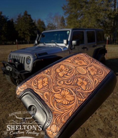 Tooled leather console Western Leather Steering Wheel Cover, Tooled Leather Car Accessories, Leather Center Console Cover, Leather Console Cover, Tooled Leather Center Console Cover, Tooled Leather Steering Wheel Cover, Tooled Leather Console Cover, Custom Center Console Truck, Tooled Leather Projects