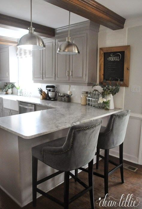 The Finishing Touches on Our Kitchen Makeover (Before and Afters) - Dear Lillie Studio Grey Kitchen Designs, Breakfast Bar Kitchen, Gray Cabinets, Classic Kitchen, Grey Kitchen Cabinets, Grey Kitchens, Grey Kitchen, Trendy Kitchen, Kitchen Redo