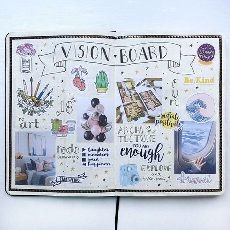 Vision Board Ideas Notebook, Vision Board Design Creative, Vision Board Ideas Journals, Doodle Vision Board, Dream Boards Ideas Layout, Vision Board In Journal, Vision Board Art Project, Art Vision Board Ideas, Vision Board Ideas Journaling