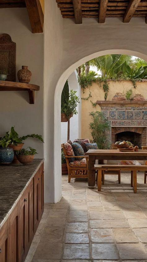 Hacienda Home Interior, Hacienda Style Entryway, Mexico House Aesthetic, Spanish Interior Decor, Spanish Tile Backyard, Mexican Style House Interiors, Spanish Inspired Living Room, Interior Design Mexican Style, Old Spanish Style Homes Interior