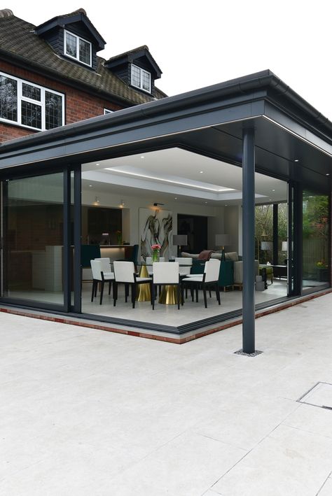 Corner Bifold Doors, Large Glass Sliding Doors, Glass Box Extension, Flat Roof Extension, Garden Room Extensions, House Extension Plans, Glass Sliding Doors, Porch Uk, Room Extensions