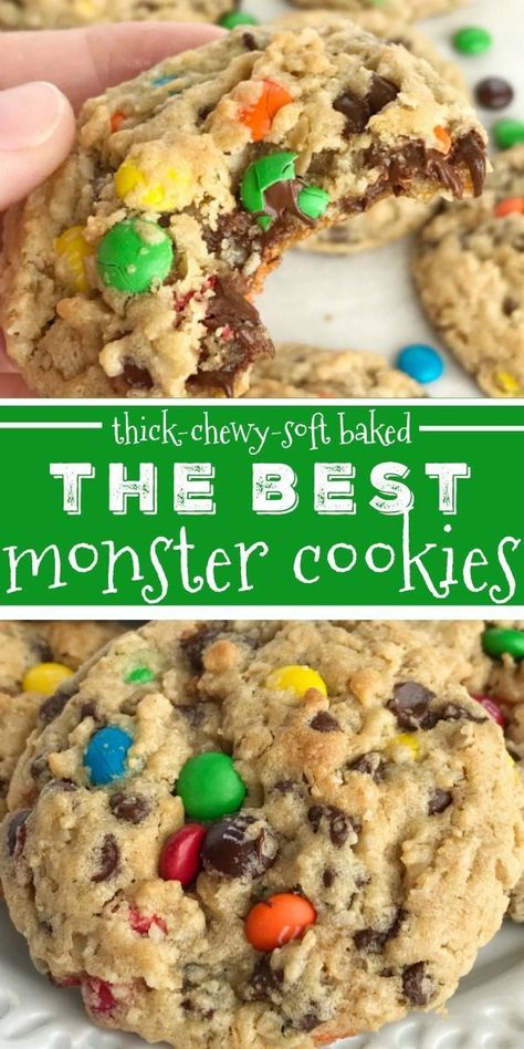 Soft Baked Monster Cookies, Half Baked Harvest Monster Cookies, Monster Cookies Half Baked Harvest, Best Chewy Monster Cookies Recipe, Cookie Recipes Monster Cookies, Grandmas Monster Cookies, Crumbl Monster Cookie, Recipes Using Mini Chocolate Chips, Valentines Monster Cookies