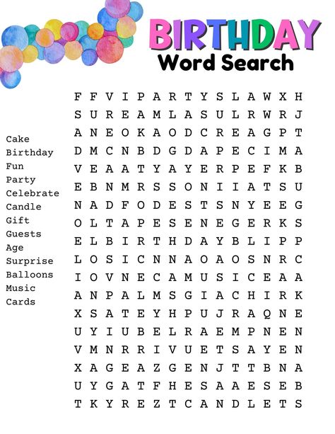 Free Birthday Word Search Printable Birthday Word Search Free Printable, Birthday Crossword, Birthday Word Search, Easy Word Search, Free Printable Word Searches, Word Search Printables, Search Party, Theme Words, Birthday Words